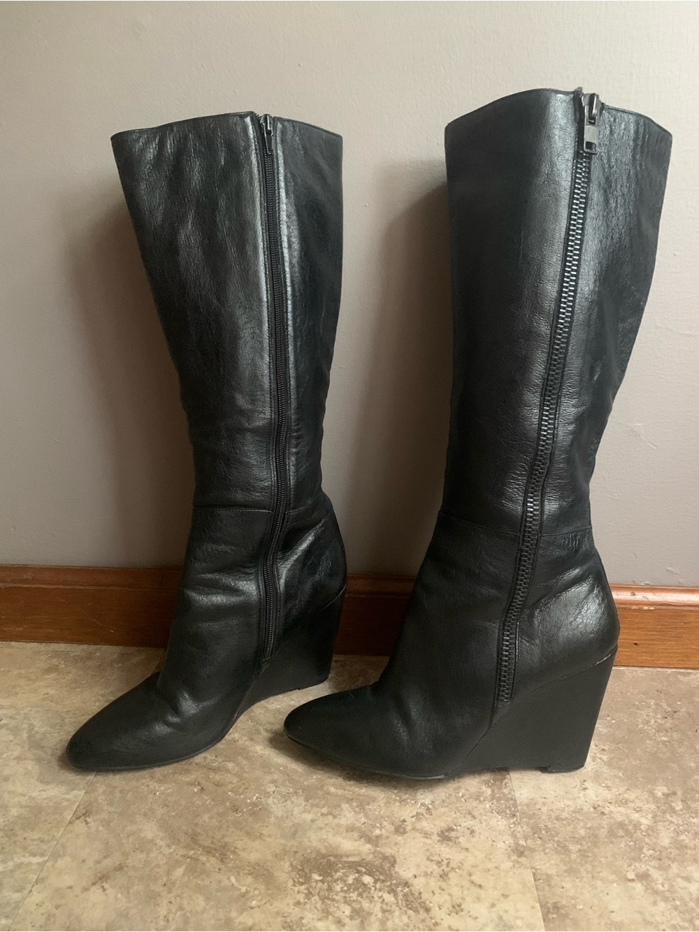Black Leather Knee-High Wedge Boots - Women - Picture 2 of 8